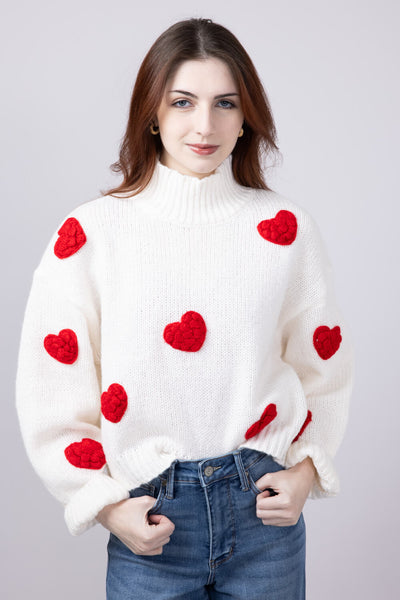 3D Heart Sweater for Women in White