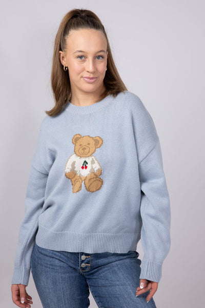 Bear Cherry Crewneck Sweater for Women in Light Blue