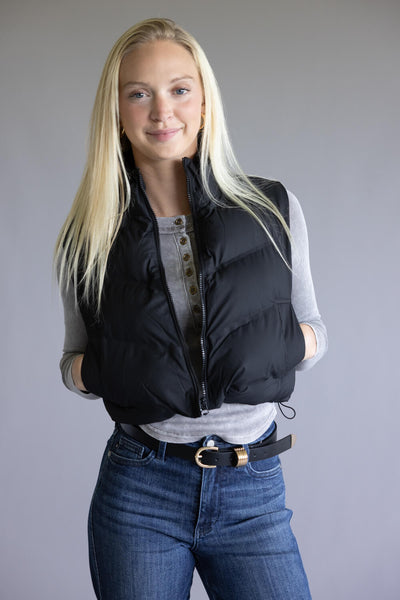 Love Tree Cropped Puffer Vest for Women in Black