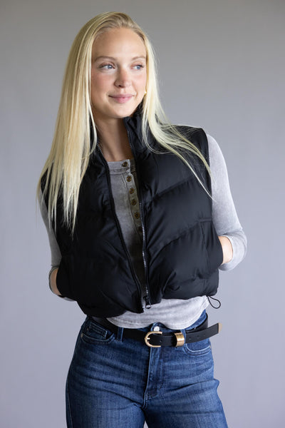 Love Tree Cropped Puffer Vest for Women in Black