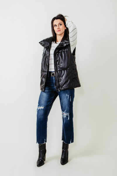 Love Tree Faux Leather Full Length Puffer Vest for Women in Black