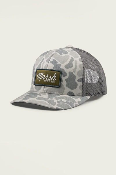 Marsh Wear Camo Script Trucker Hat for Men in Grey