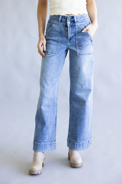 Mica High Rise Patch Pocket Wide Leg Jeans for Women | MDP-W3546