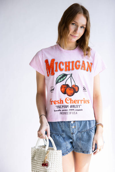 Michigan Cherry Graphic T-Shirt for Women in Pink