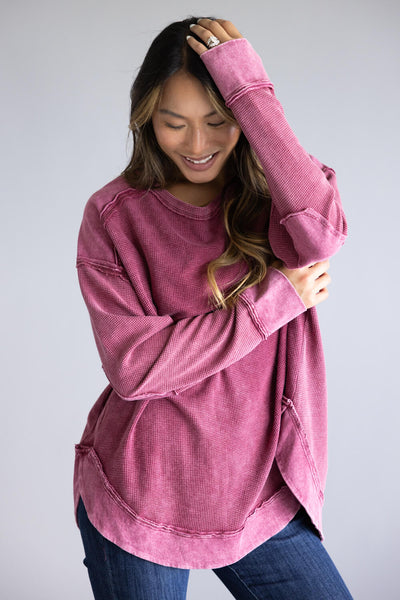 Mineral Wash Knit Top for Women in Burgundy