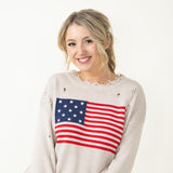 Miracle American Flag Distressed Sweater for Women in Beige