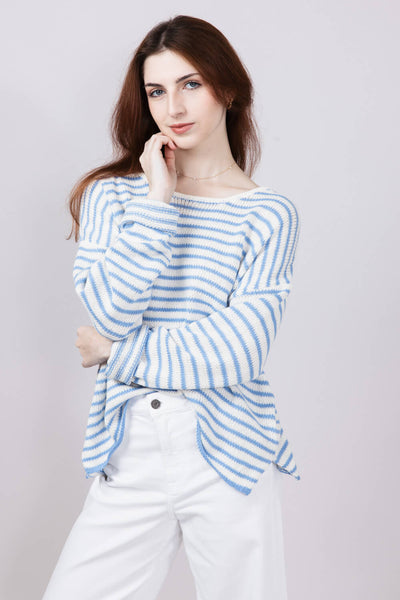 Miracle Lightweight Gauge Stripe Sweater for Women in Cream/Light Blue
