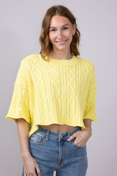 Washed Ashore Cable Stitch Sweater Shirt for Women in Lemon