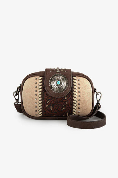 Tooled Concho Small Crossbody Bag for Women in Coffee
