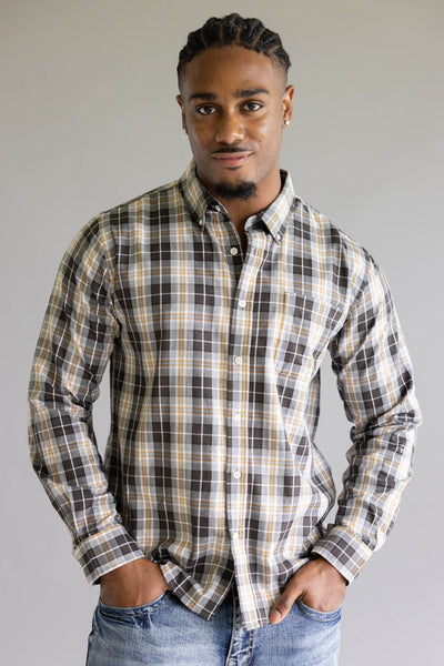 North River Herringbone Plaid Button Up Shirt for Men in Dark Grey