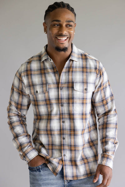 North River Herringbone Plaid Button Up Shirt for Men in Grey