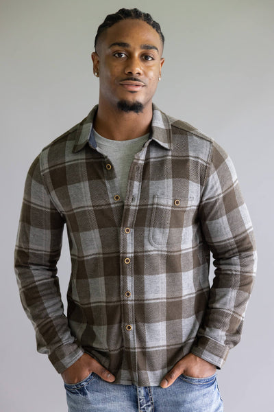 North River Jacquard Knit Plaid Button Up Shirt for Men in Dark Grey