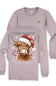 A light dusty purple long-sleeve crewneck shirt featuring a festive graphic of a Highland cow wearing a Santa hat and holding a candy cane, with the text 'MOOEY & BRIGHT' and 'simply southern' printed on the front.