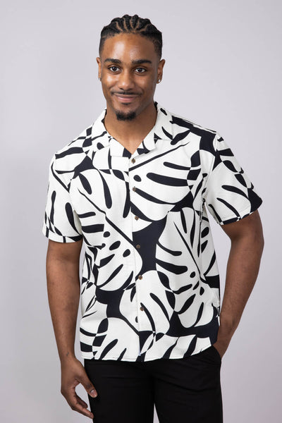 Party Pants Big Palms Woven Button Up Shirt for Men in Black