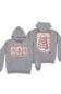 A heather gray pullover hoodie shown from both the front and back, featuring festive Christmas tree graphics in pink, red, and green on a cream gingham background.