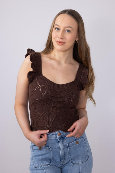 Pointelle Knit Ruffled Tank Top for Women in Brown