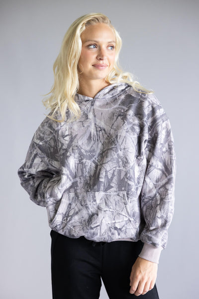 Pretty Garbage Camo Fleece Hoodie for Women in Dark Grey