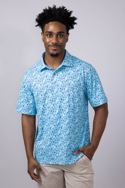 Printed Golf Cocktail Polo Shirt for Men in Turquoise