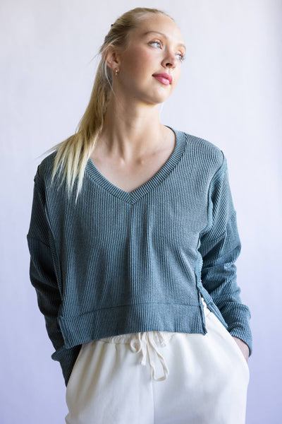 Simply Southern V-Neck Crop Pullover Top for Women in Jade