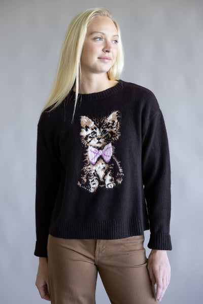 Simply Southern Anastasia Kitty Crew Neck Sweater for Women in Black