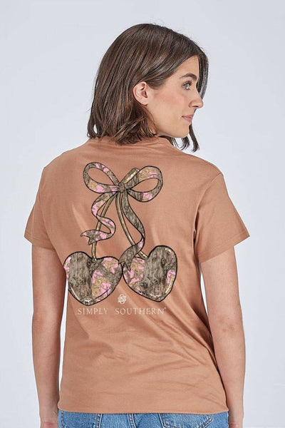 Simply Southern Camo Bow Cherries T-Shirt for Women in Chestnut