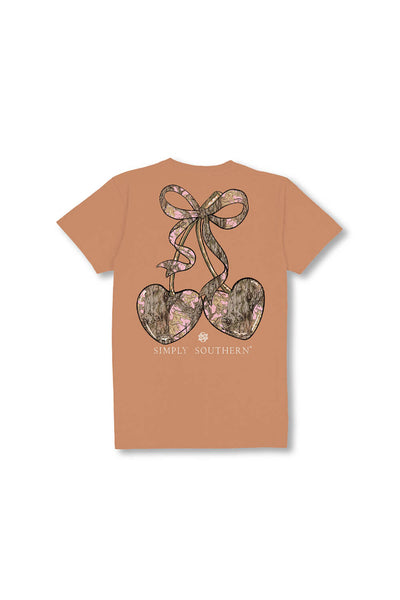 Simply Southern Youth Camo Bow Cherries T-Shirt for Girls in Chestnut