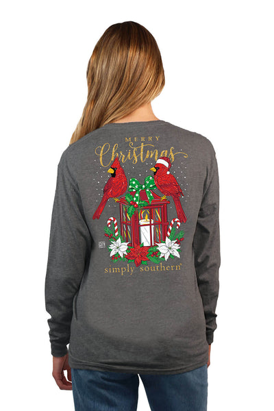 Simply Southern Long Sleeve Cardinal Christmas T-Shirt for Women in Grey