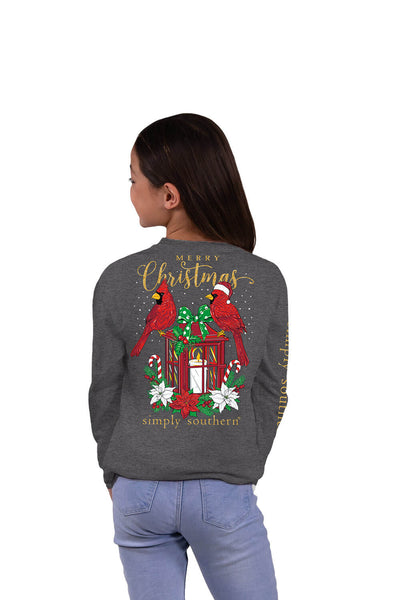 Simply Southern Youth Long Sleeve Cardinal Christmas T-Shirt for Girls in Grey