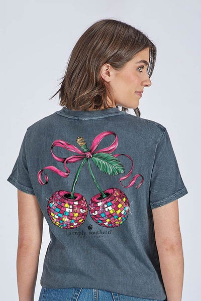 Simply Southern Disco Cherries T-Shirt for Women in Washed Coal