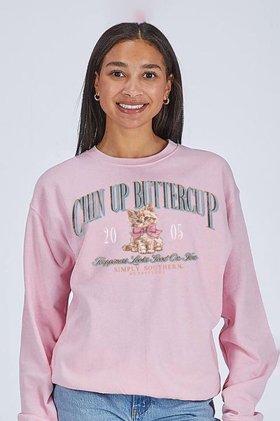 Simply Southern Chin Up Kitten Crewneck for Women in Pink