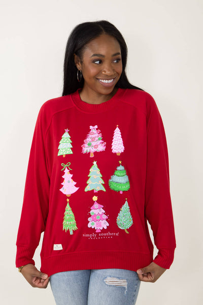 Simply Southern Christmas Tree Sweatshirt for Women in Red