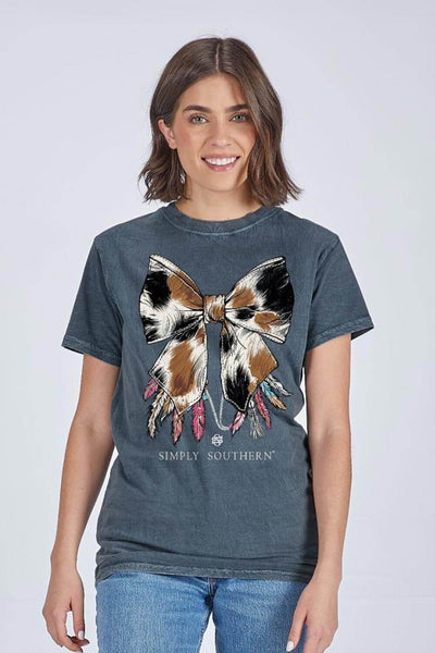 Simply Southern Cow Bow T-Shirt for Women in Washed Coal