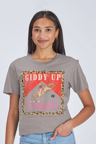 Simply Southern Giddy Up Cowgirl T-Shirt for Women in Grey