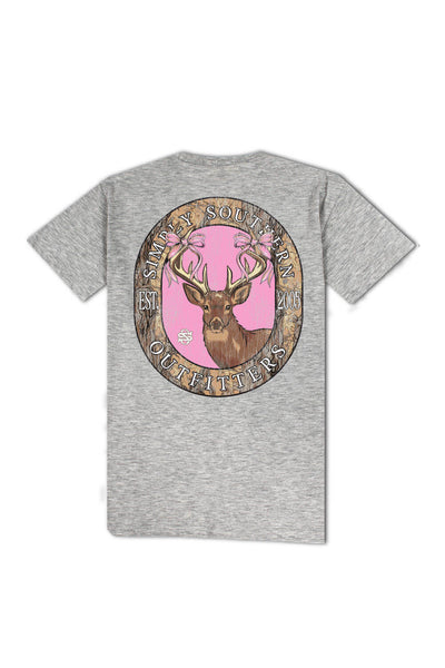 Simply Southern Youth Camo Deer Circle T-Shirt for Girls in Heather Grey