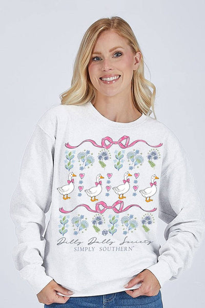 Simply Southern Dilly Dally Goose Crewneck for Women in White