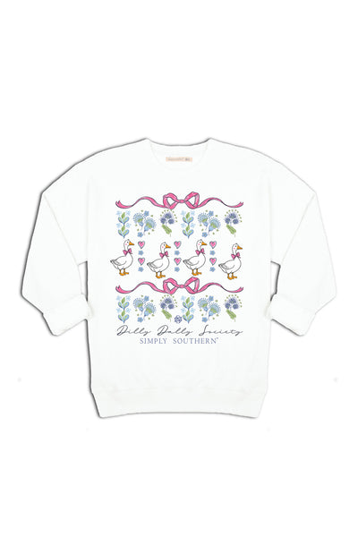 Simply Southern Youth Dilly Dally Goose Crewneck for Girls in White