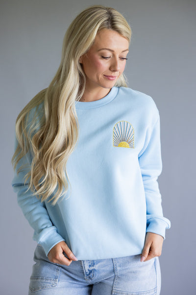 Simply Southern Embroidered Dilara Be The Light Crewneck for Women in Light Blue