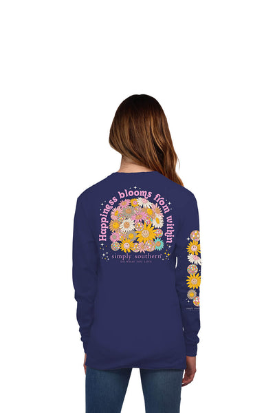 Simply Southern Youth Long Sleeve Happiness Bloom T-Shirt for Girls in Denim Heather