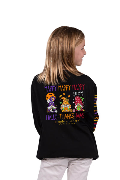 Simply Southern Youth Shirts Long Sleeve Hallo-Thanks-Mas T-Shirt for Girls in Black