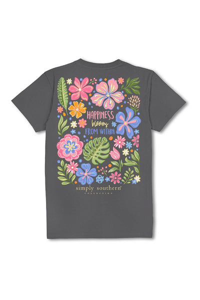 Simply Southern Plus Size Happiness Blooms T-Shirt for Women in Washed Charcoal