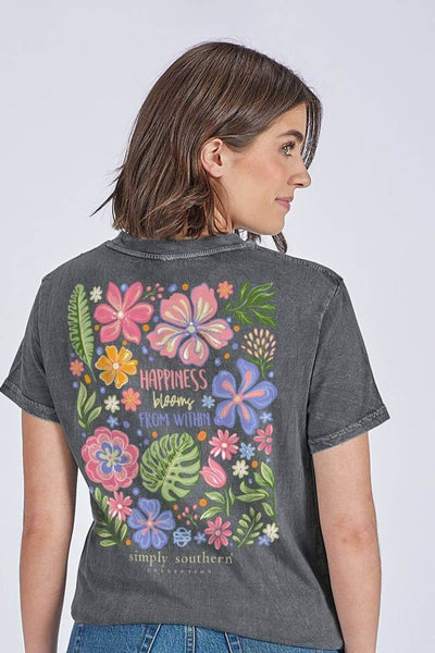 Simply Southern Happiness Blooms short Sleeve T-shirt for Women in Coal