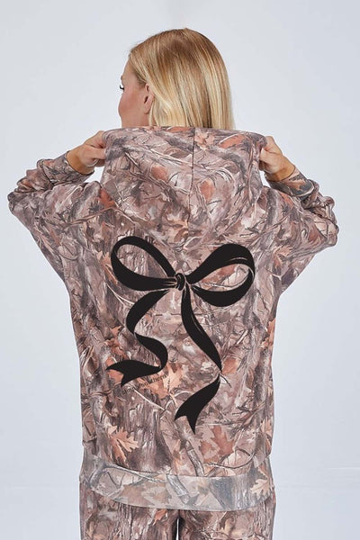 Simply Southern Black Bow Camo Hoodie for Women in Brown