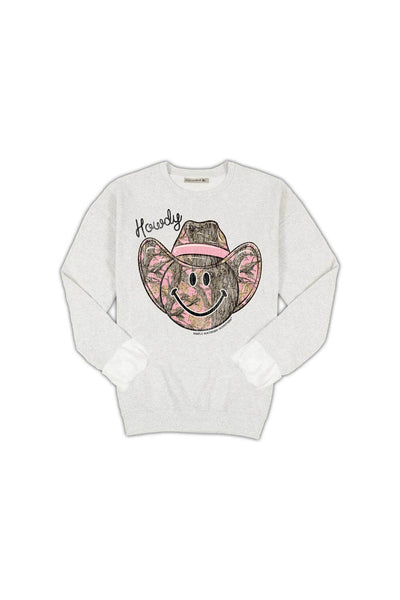 Simply Southern Youth Camo Smiley Face Crewneck for Girls in Grey