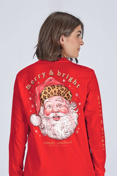 Simply Southern Leopard Hat Santa Long Sleeve T-Shirt for Women in Red