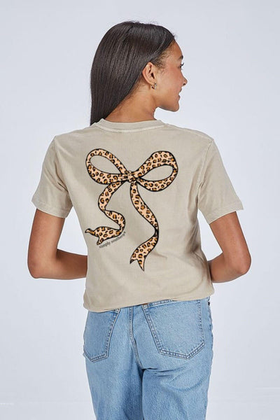 Simply Southern Leopard Bow T-Shirt for Women in Washed Ecru
