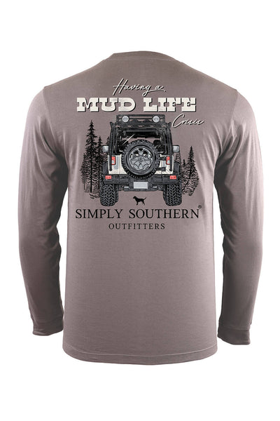 Simply Southern Mens XXL Long Sleeve Jeep Mud Life T-Shirt for Men in Grey