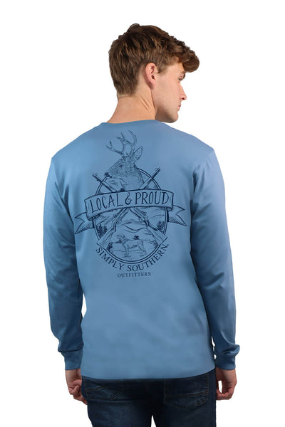 Mens Simply Southern Shirts Long Sleeve Proud Gun Deer T-Shirt for Men in Blue