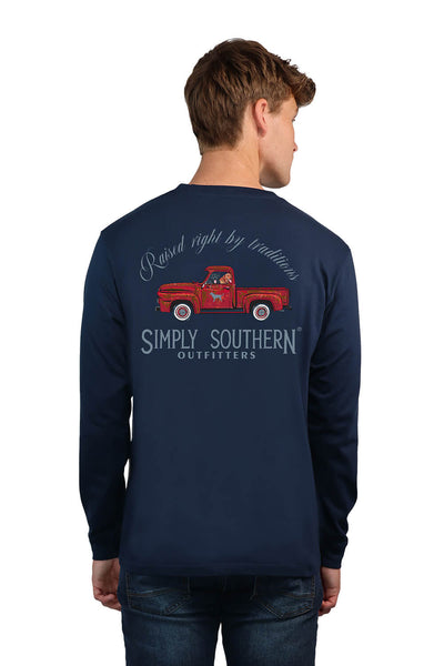Mens Simply Southern Long Sleeve Red Truck T-Shirt for Men in Blue