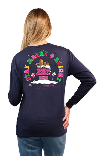 Simply Southern Long Sleeve Merry & Bright T-Shirt for Women in Blue