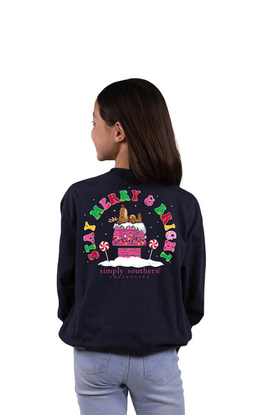 Simply Southern Youth Long Sleeve Merry & Bright T-Shirt for Girls in Blue
